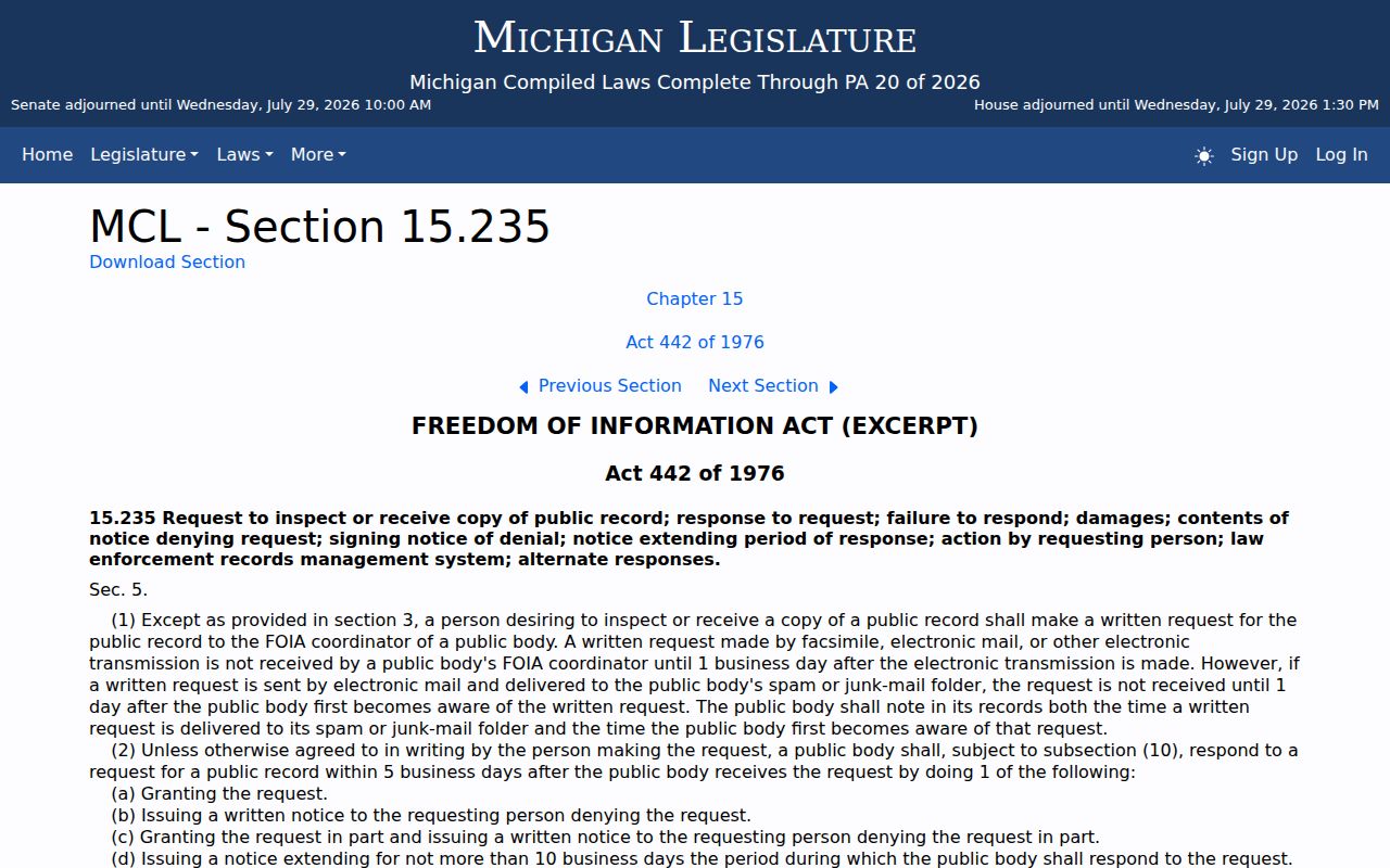 Michigan FOIA response time statute for Fife Lake public records requests