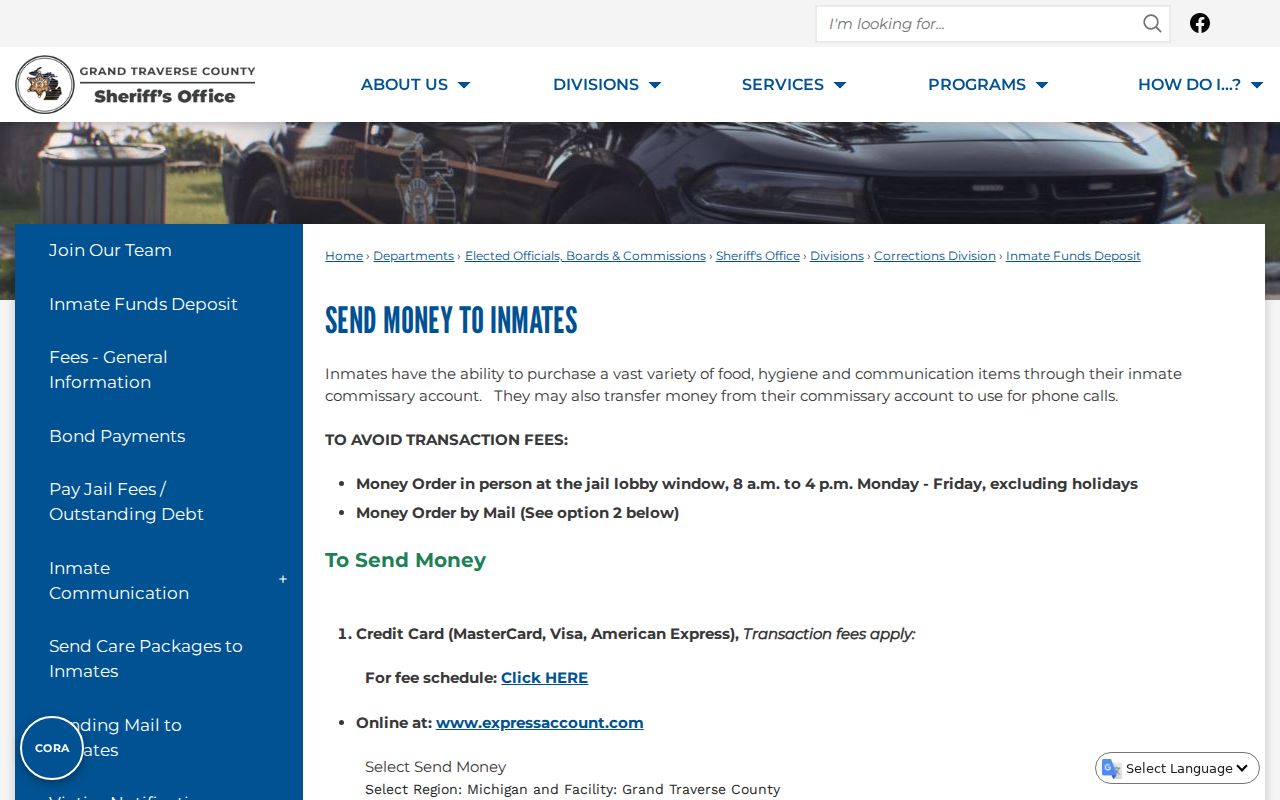 Grand Traverse County arrest record and jail inmate funds channels