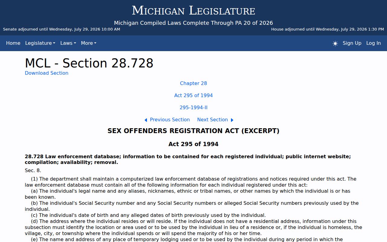 Michigan law governing public PSOR information for Grand Traverse County searches