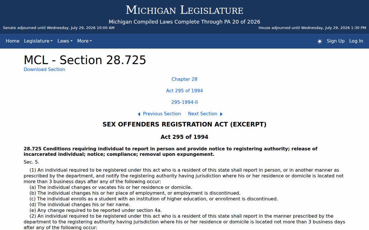 Michigan registry reporting requirements applicable in Grand Traverse County
