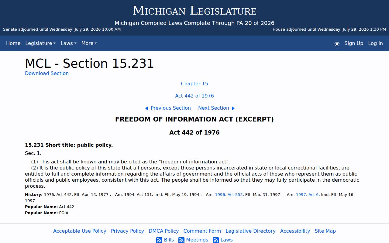 Michigan FOIA public policy statute relevant to Kingsley records