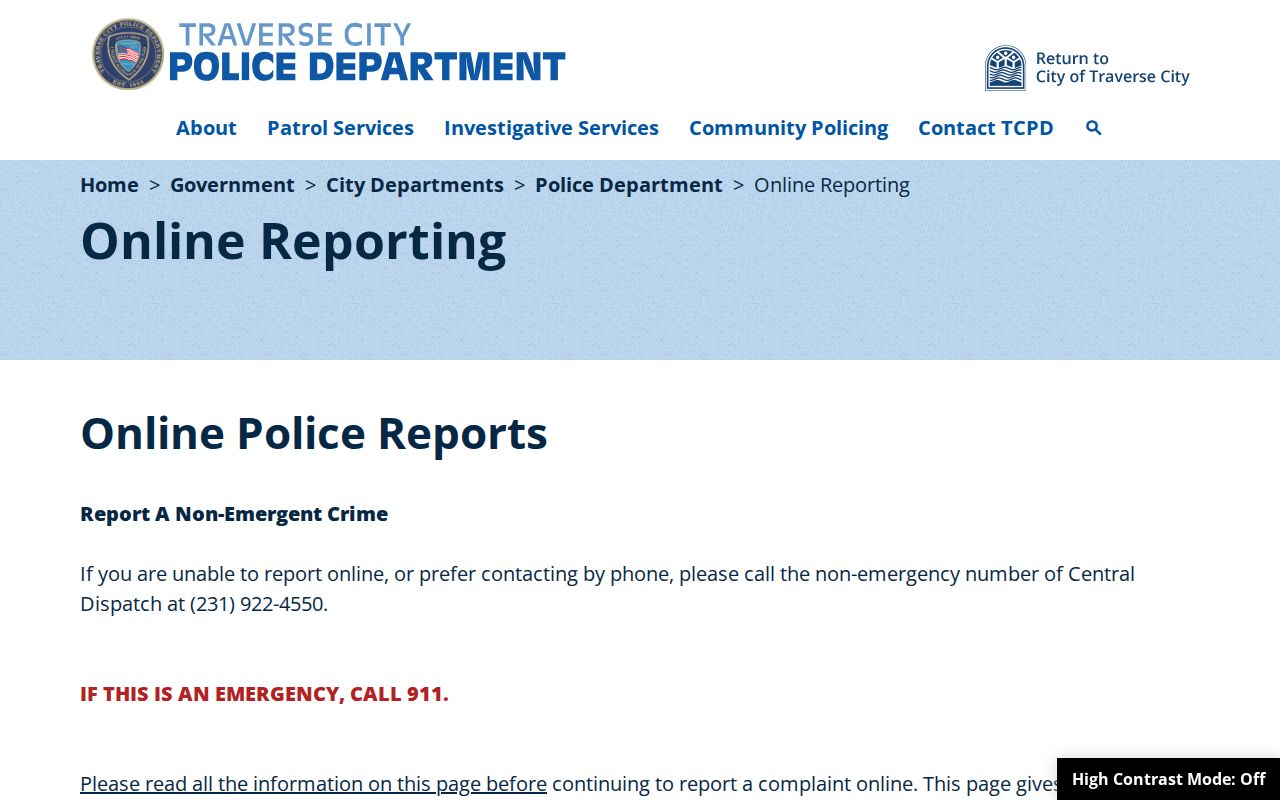 Traverse City online police reporting criteria and categories