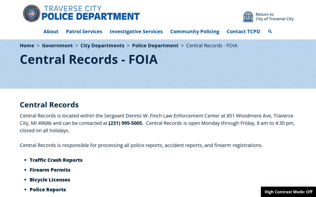 Traverse City Police Central Records and FOIA information
