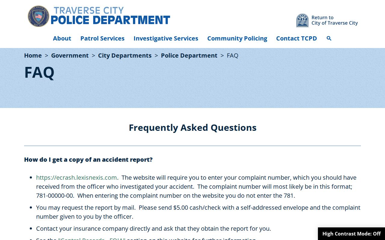 Traverse City Police records information for reports and arrest checks